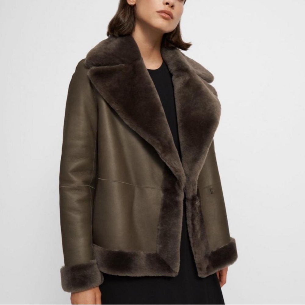 Theory clairene shearling fur Moto leather jacket